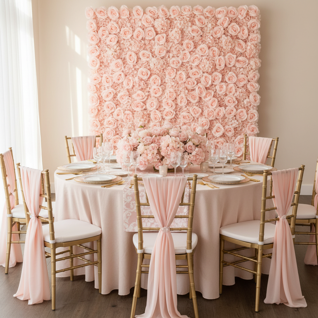 Silk Roses/Hydrangeas Flower Wall Backdrop Panel - Light Pink.