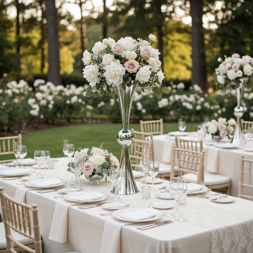 Metallic Reversible Riser Flower Centerpiece Vase 28" Tall - Silver in Outdoor Wedding Reception with Chiavari Chairs.