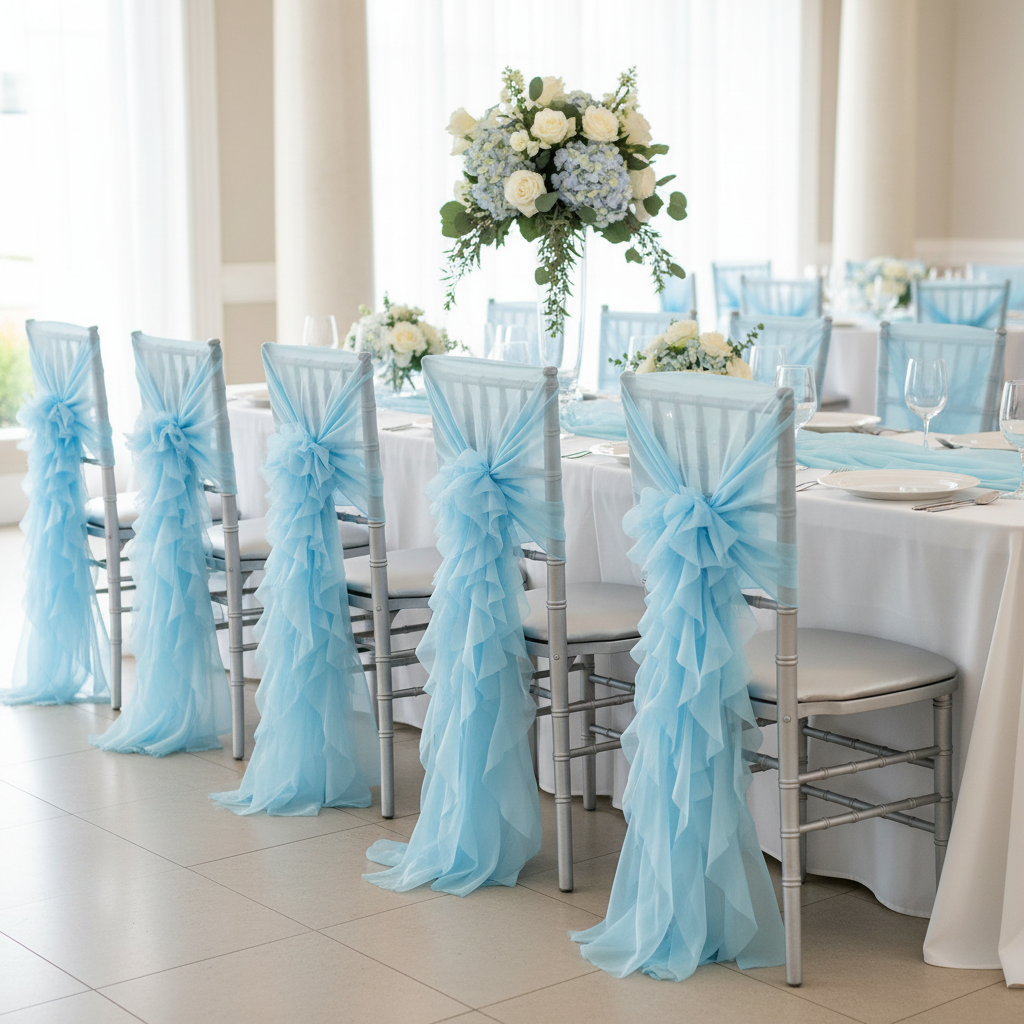 1 Set of Soft Curly Willow Ruffles Chair Sash & Cap - Baby Blue.