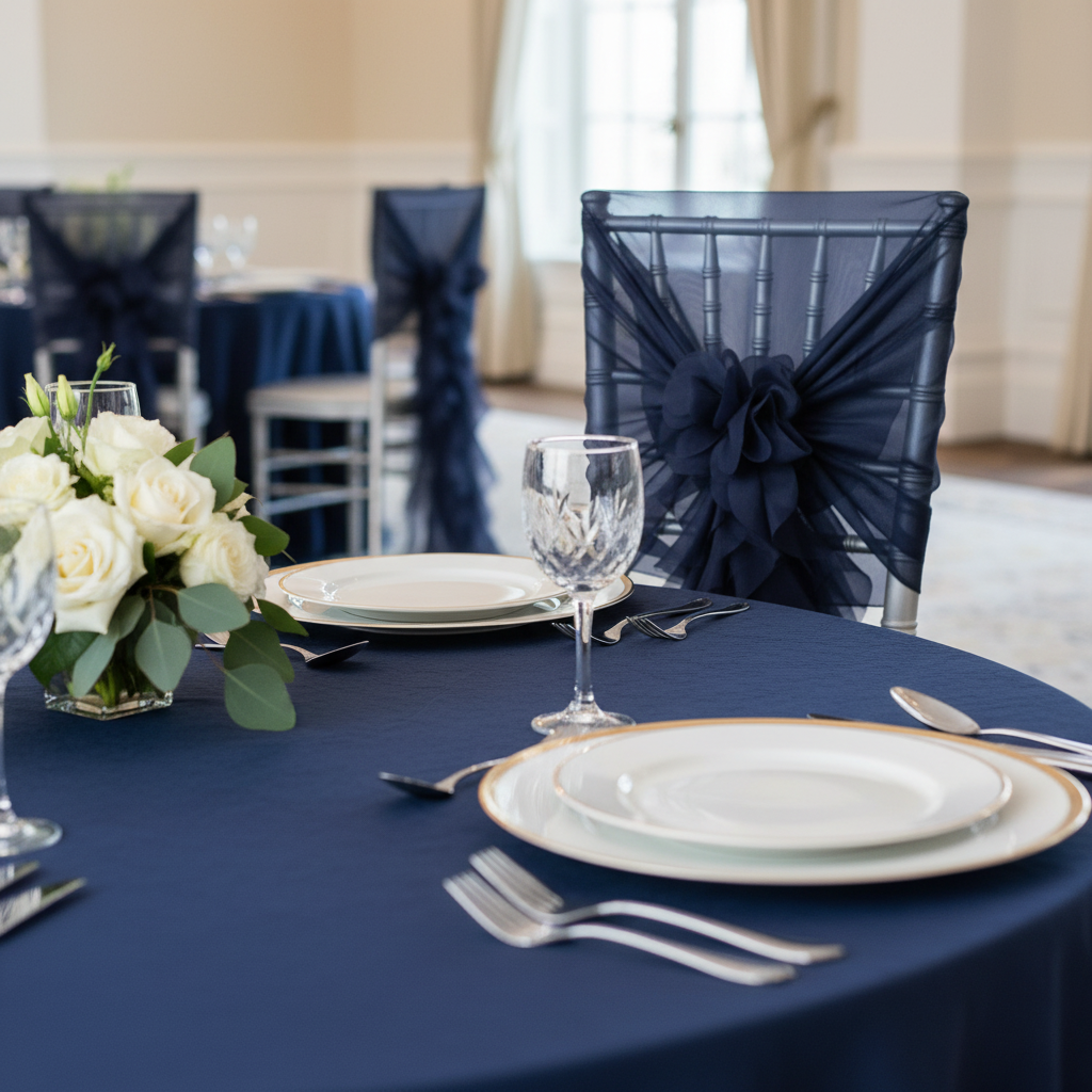 1 Set of Soft Curly Willow Ruffles Chair Sash & Cap - Navy Blue.