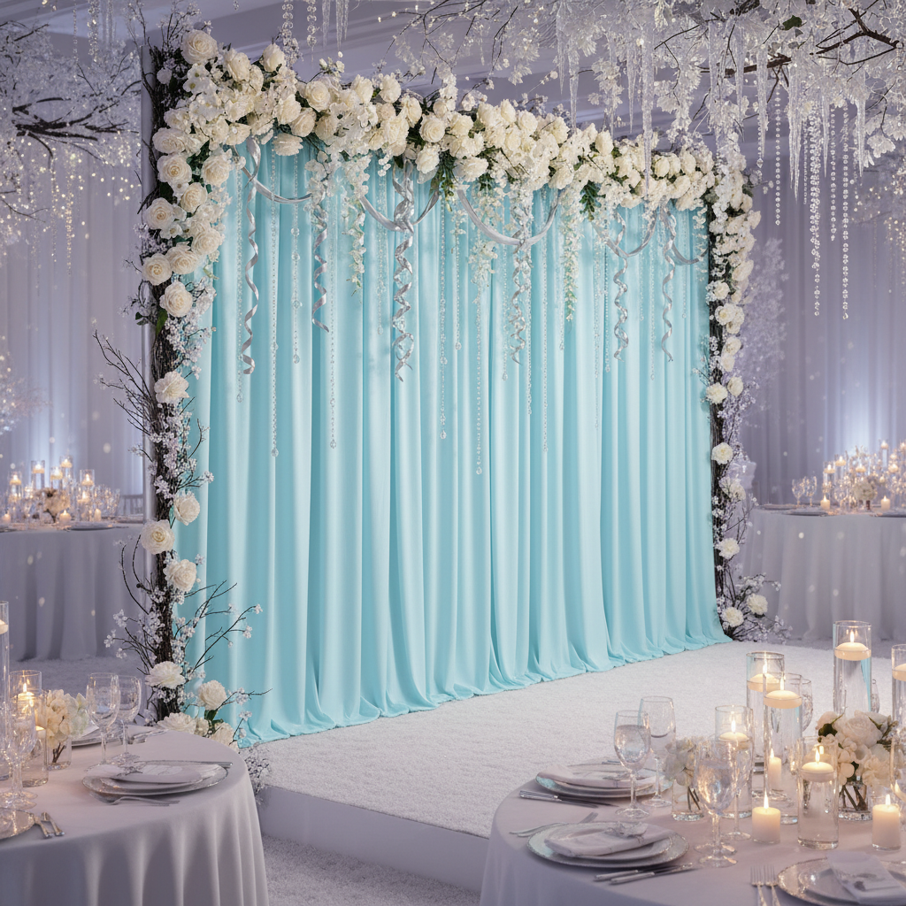 Spandex 4-way Stretch Drape Curtain 10ft H x 60" W - Baby Blue in Winter Wonderland Reception.