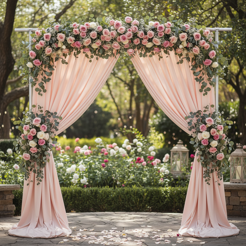 Spandex 4-way Stretch Drape Curtain 10ft H x 60" W - Blush/Rose Gold in Outdoor Reception with Rose Bushes.