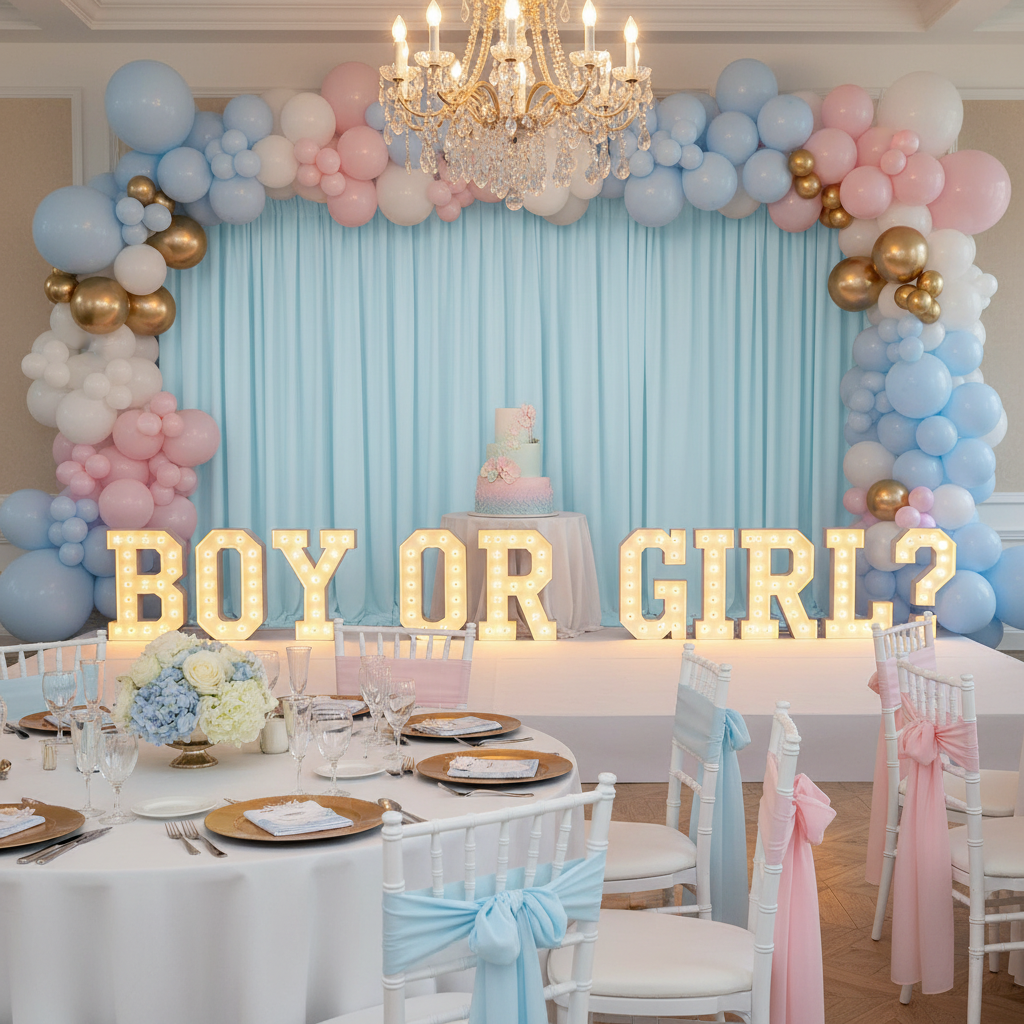 Spandex 4-way Stretch Drape Curtain 12ft H x 60" W - Baby Blue in Gender Reveal Reception.