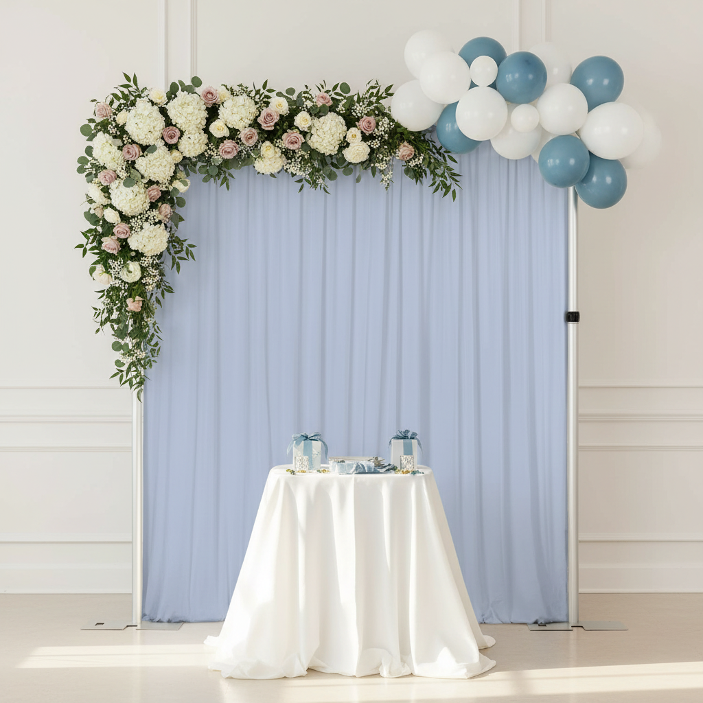 Spandex 4-way Stretch Drape Curtain 10ft H x 60" W - Dusty Blue with Baby Shower Reception.