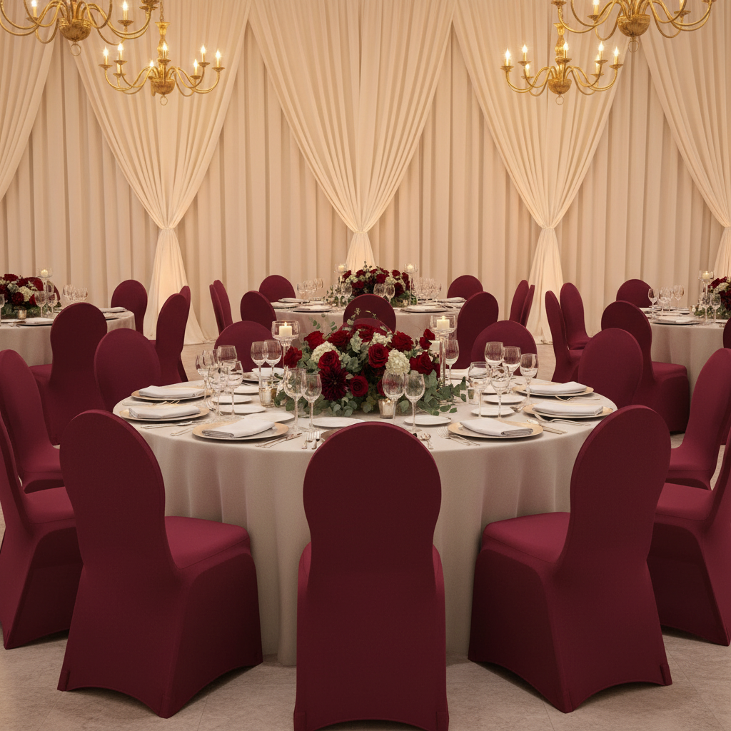 Spandex Banquet Chair Cover - Burgundy with Banquet Chairs.
