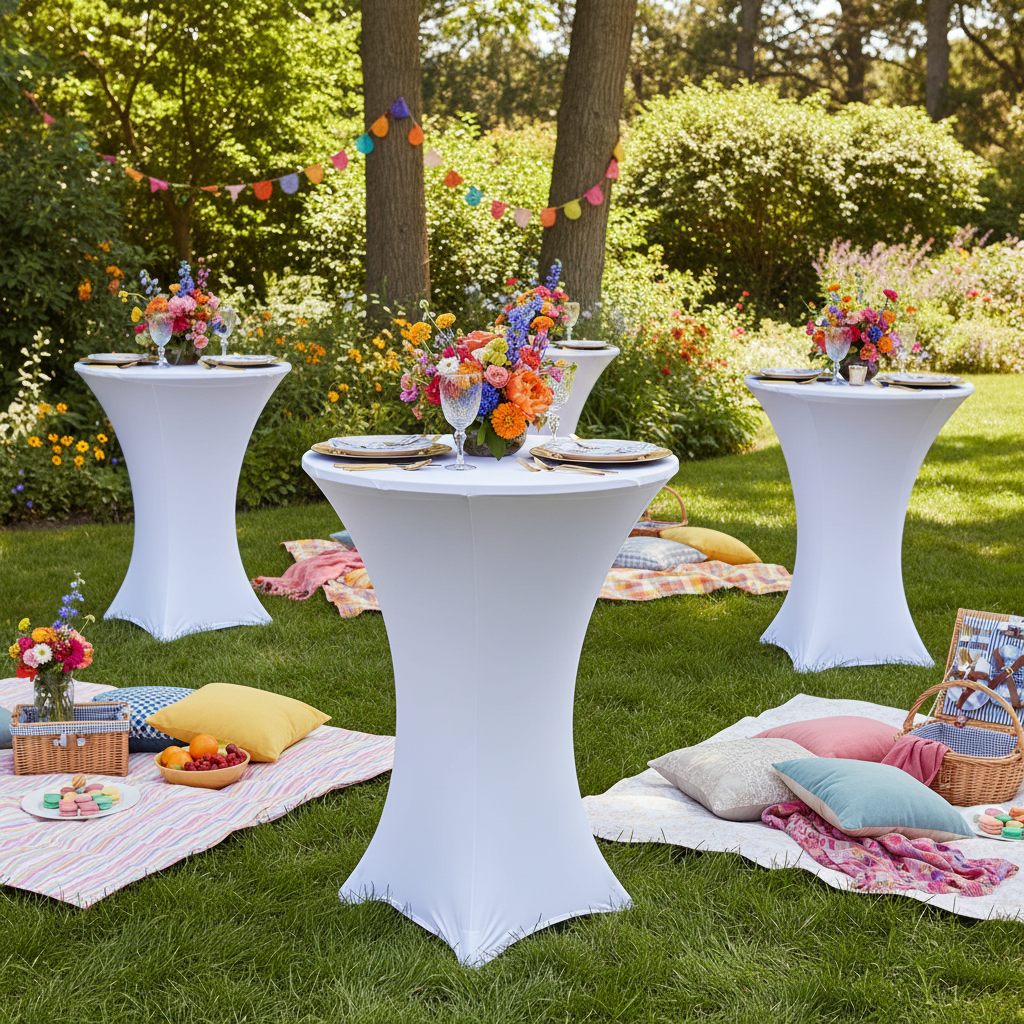 Spandex Cocktail Table Cover 36" Round - White in Picnic Reception.