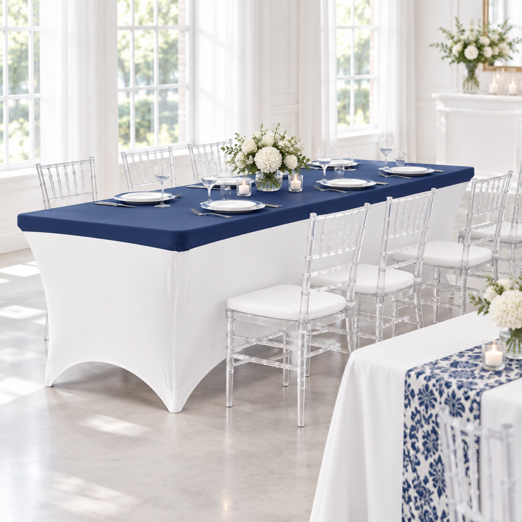 Spandex Table Topper/Cap 8 FT Rectangular - Navy Blue.