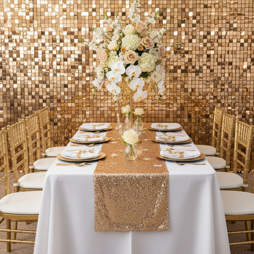 Spangle Shimmer Sequin Wall Panel Backdrops (24 panels) - Antique Gold.