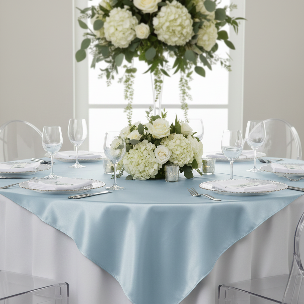 Square 54" Satin Table Overlay - Baby Blue.