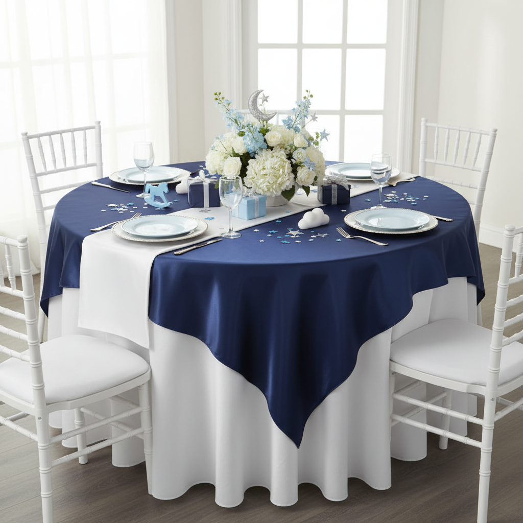 Square 72" Satin Table Overlay - Navy Blue.