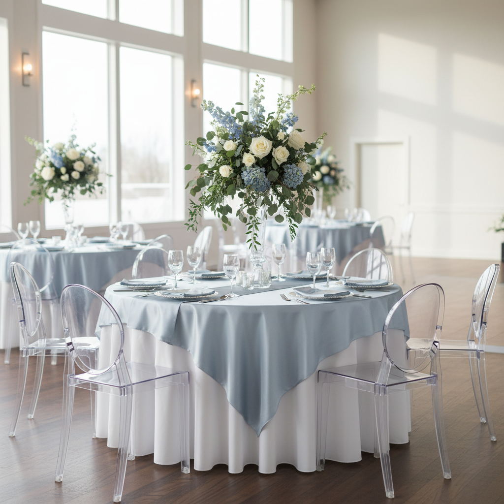 Square 90"x90" Satin Table Overlay - Dusty Blue.