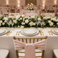Standard Satin Chair Sash - Blush/Rose Gold with Chiavari Gold Chairs.