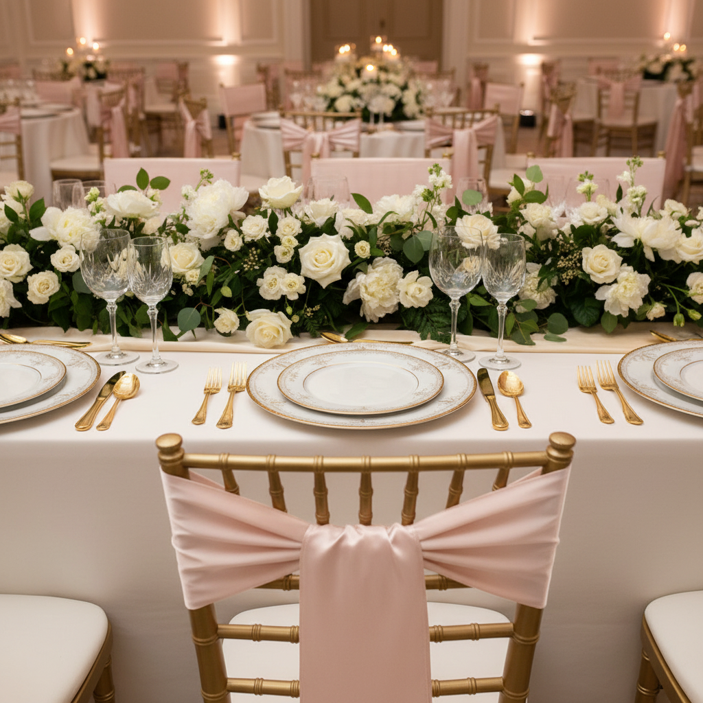 Standard Satin Chair Sash - Blush/Rose Gold with Chiavari Gold Chairs.