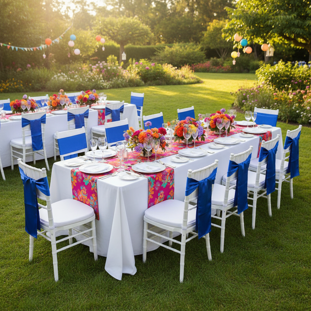 Standard Satin Chair Sash - Royal Blue with Chiavari White Chairs.