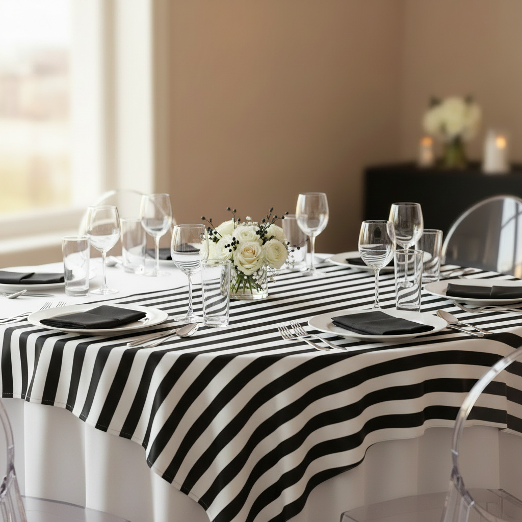 Stripe 72"x72" Square Satin Table Overlay - Black & White.