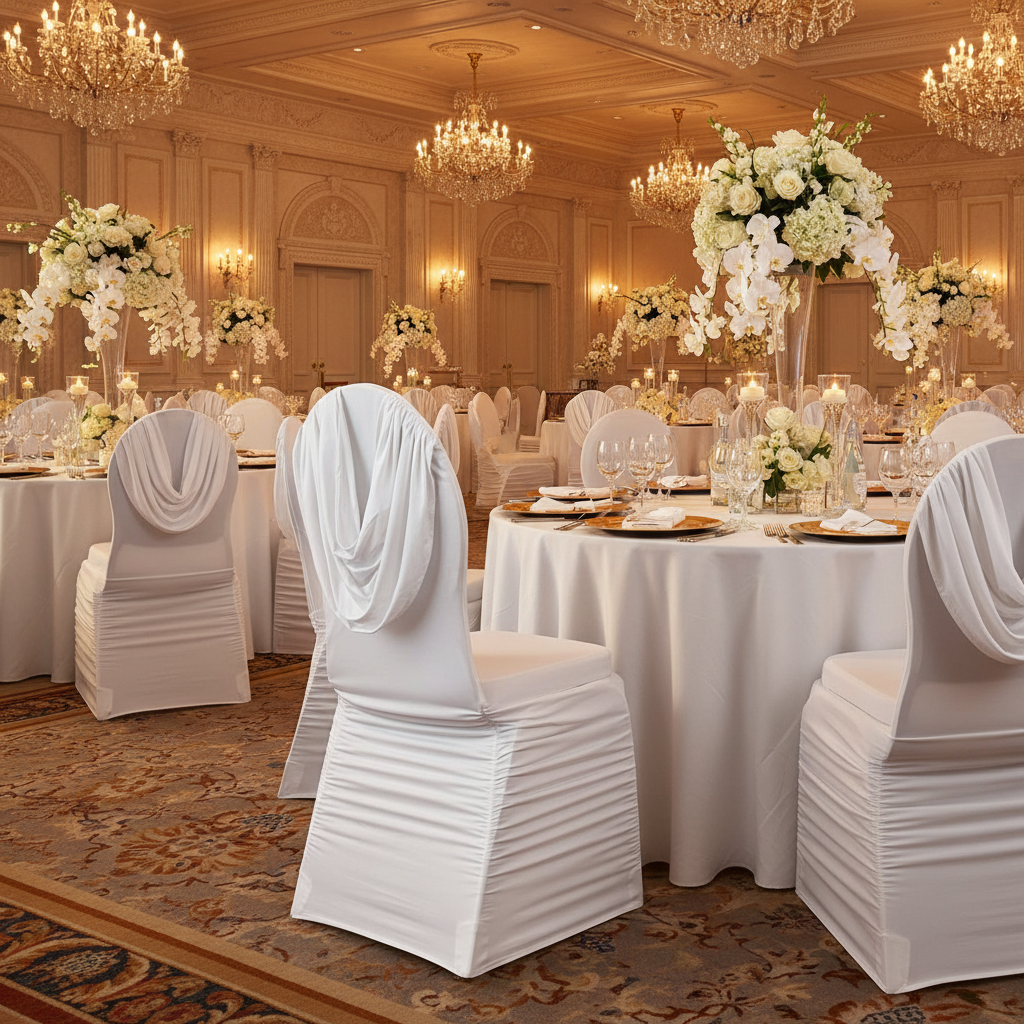 Swag Back Ruched Spandex Banquet Chair Cover - White in a Banquet Chairs.