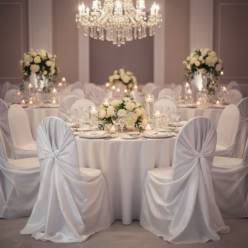 Taffeta Universal Self Tie Chair Cover - White in Luxurious Reception.