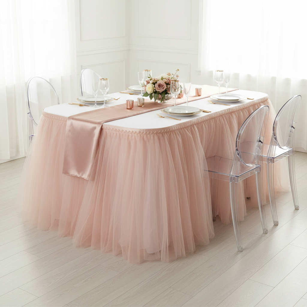 Tulle Tutu 17ft Table Skirt - Blush/Rose Gold.