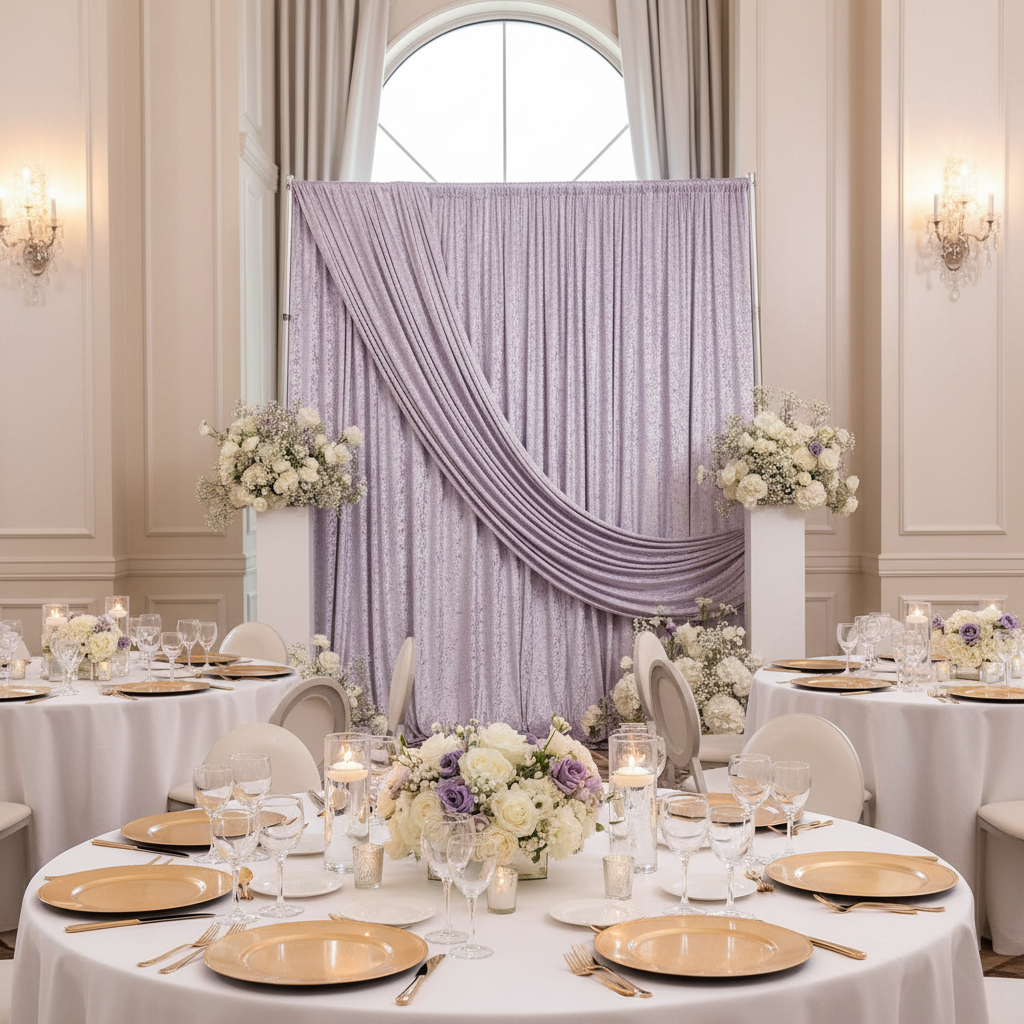 Velvet 10ft H x 52" W Drape/Backdrop Curtain Panel - Wisteria in Indoor Reception.
