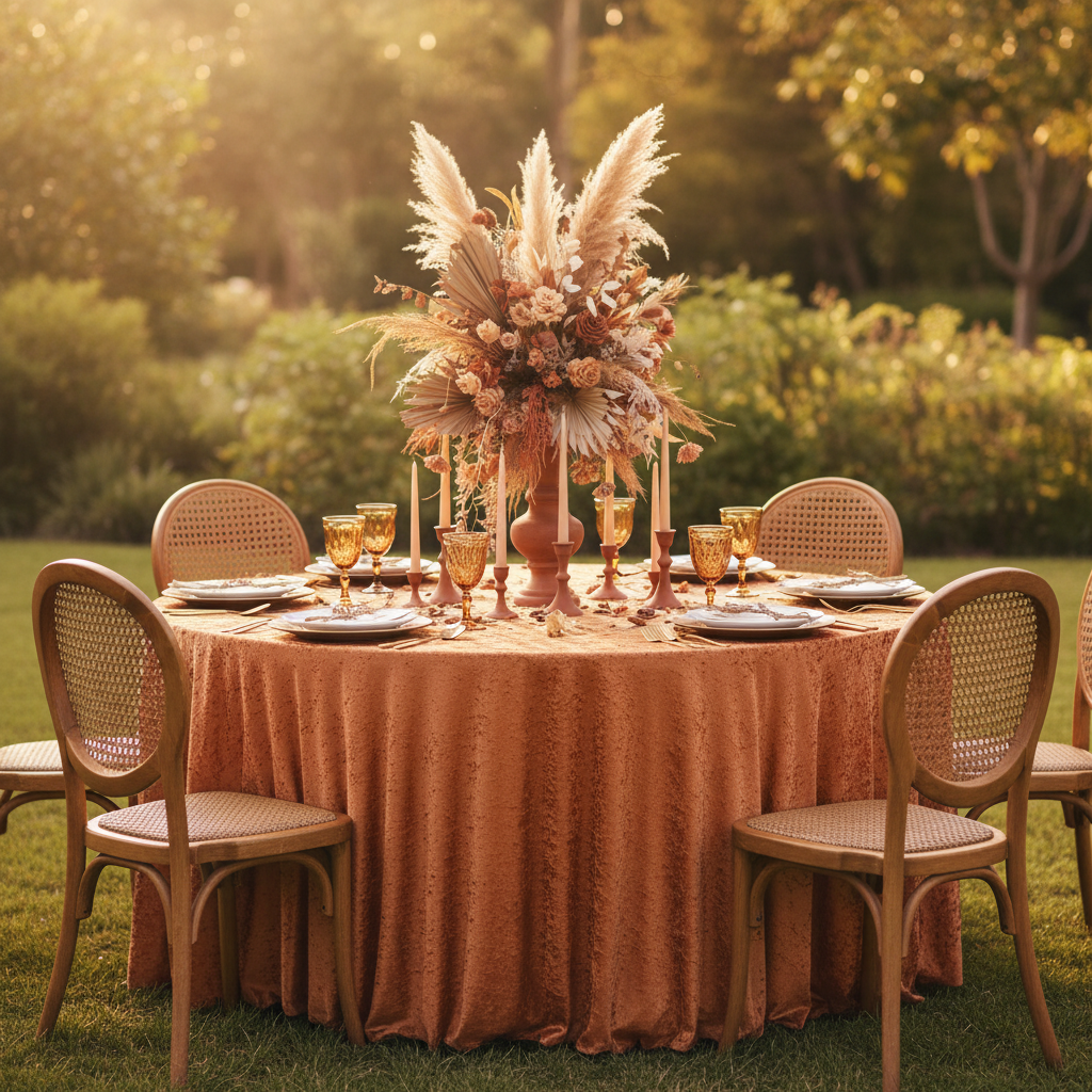 Velvet 120" Round Tablecloth - Rust in Outdoor Reception.
