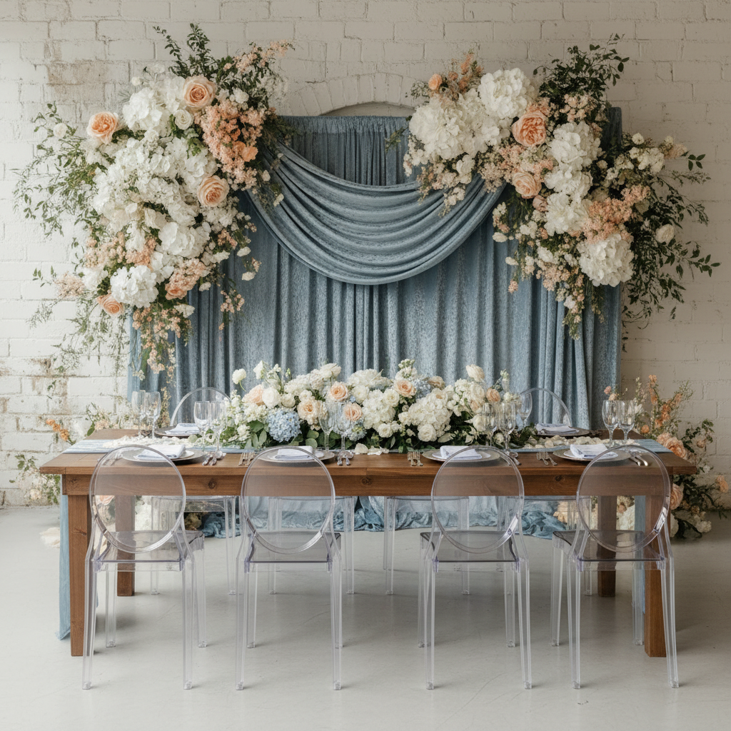 Velvet 14ft H x 52" W Drape/Backdrop Curtain Panel - Dusty Blue.