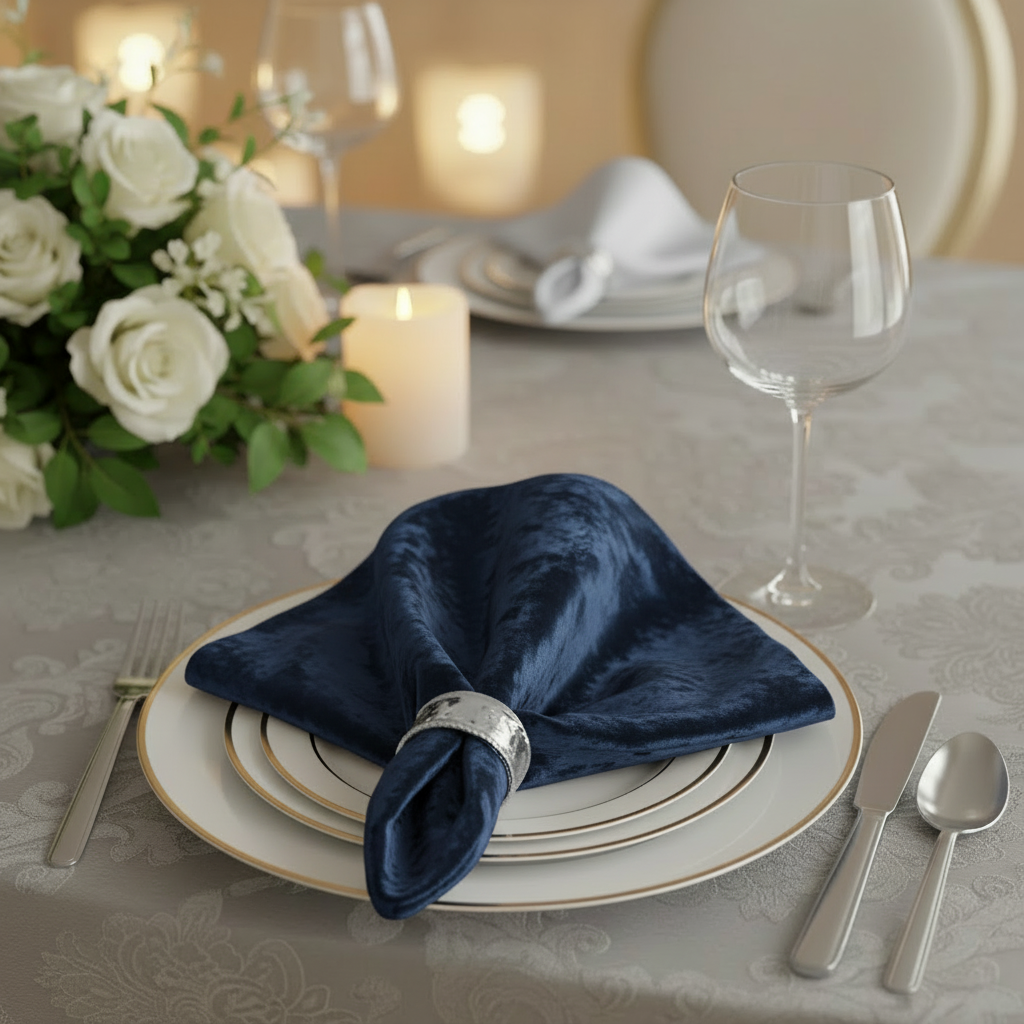 Velvet 20"x20" Linen Napkin - Navy Blue with Table Setting.