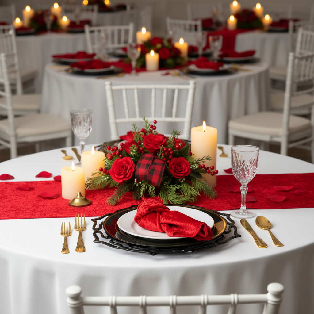 Velvet 20"x20" Linen Napkin - Red with White Chiavari Chairs.