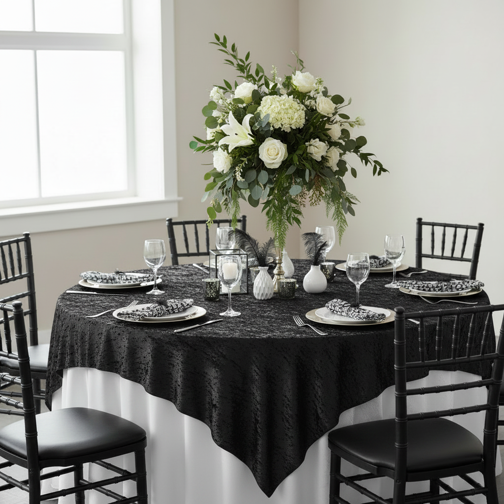 Velvet 85"x85" Square Tablecloth Table Overlay - Black.