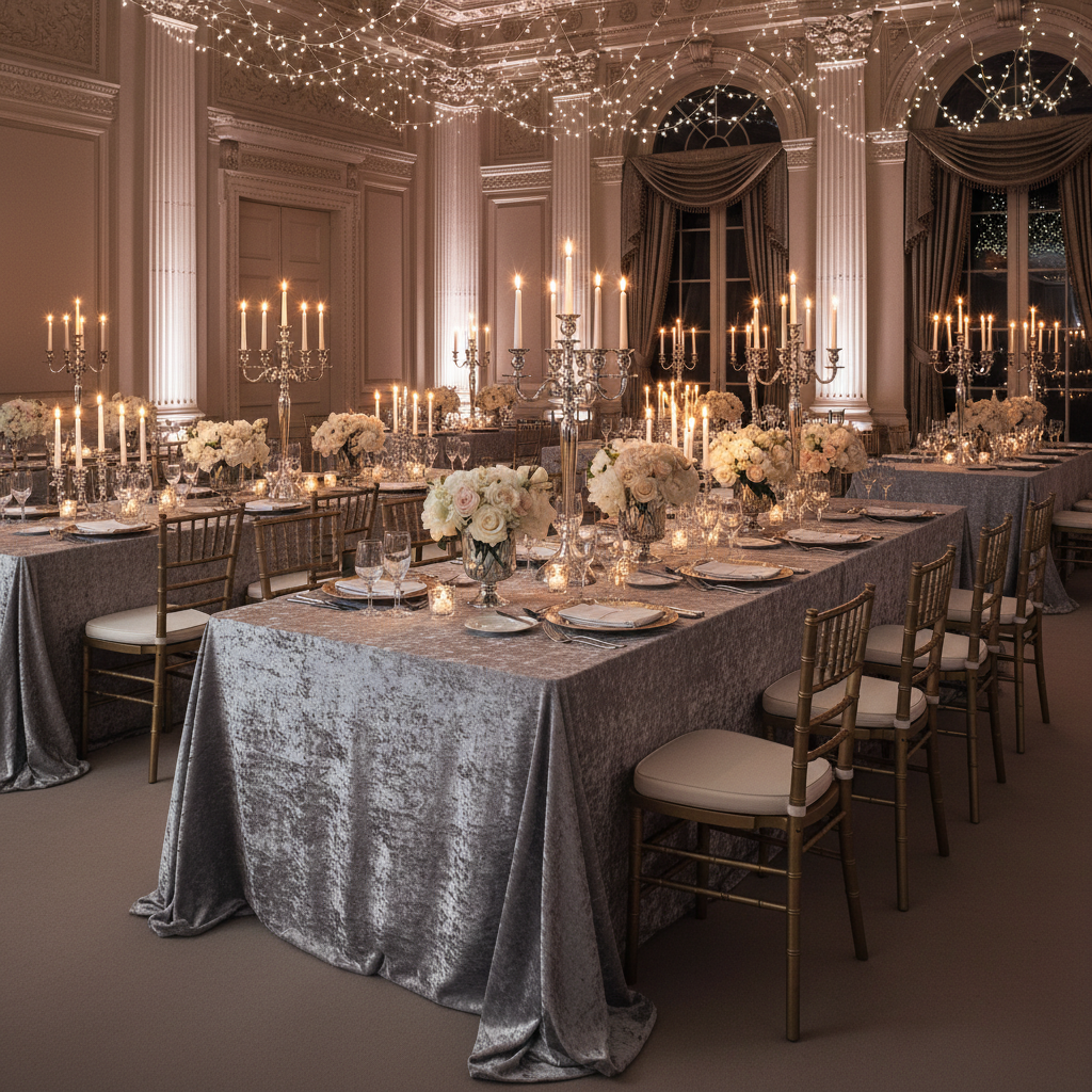 Velvet 90"x132" Rectangular Tablecloth - Silver in Indoor Reception.