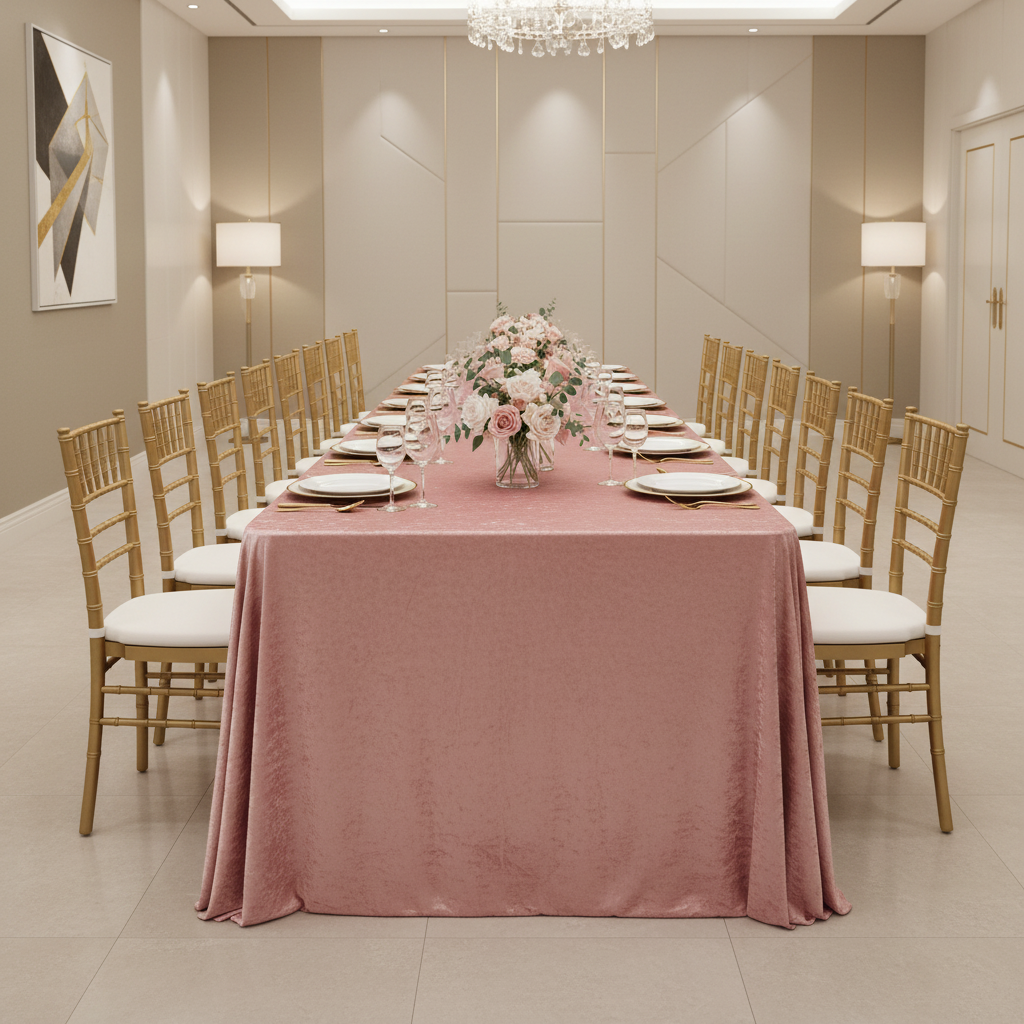 Velvet 90"x132" Rectangular Tablecloth - Dusty Rose/Mauve with Chiavari Gold Chairs.