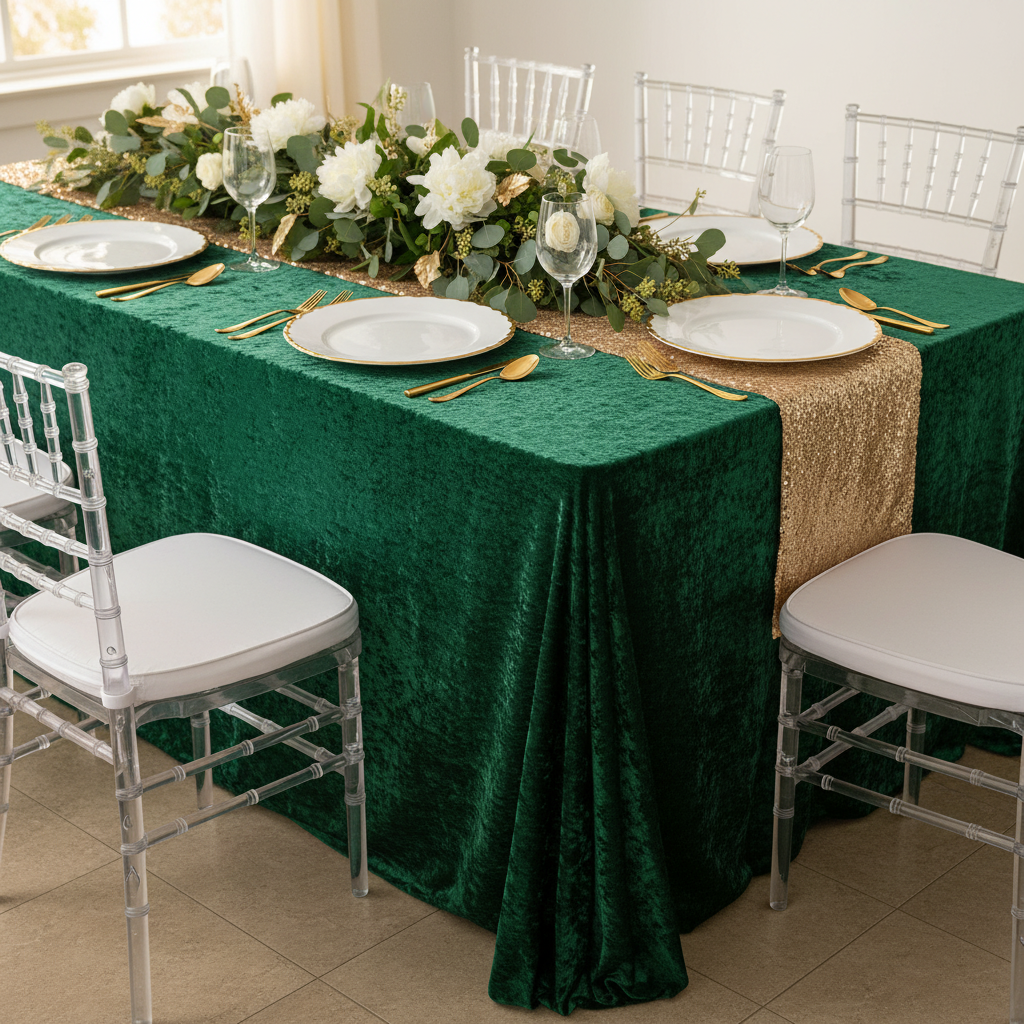 Velvet 90"x132" Rectangular Tablecloth - Forest Green.