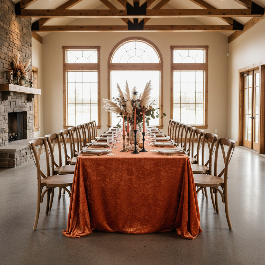 Velvet 90"x132" Rectangular Tablecloth - Orange in Rustic Reception.