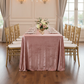 Velvet 90"x156" Rectangular Tablecloth - Dusty Rose/Mauve with Chavari Gold Chairs in Indoor Reception.