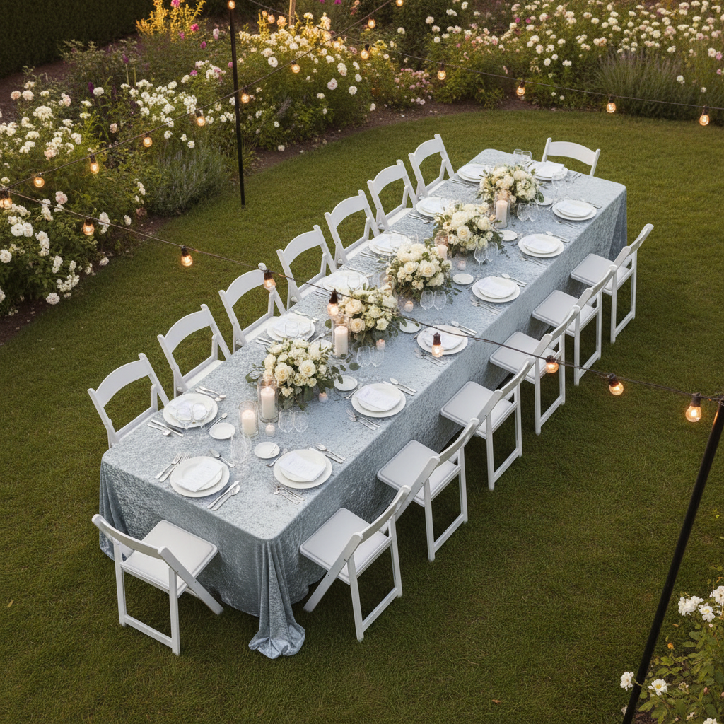 Velvet 90"x156" Rectangular Tablecloth - Dusty Blue in Outdoor Reception.