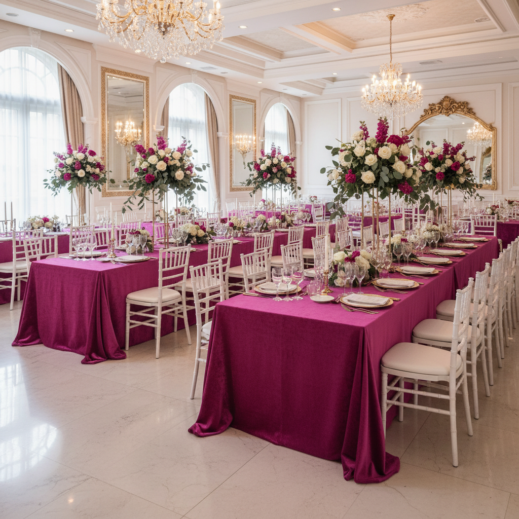 Velvet 90"x156" Rectangular Tablecloth - Magenta with Chiavari White Chairs. 