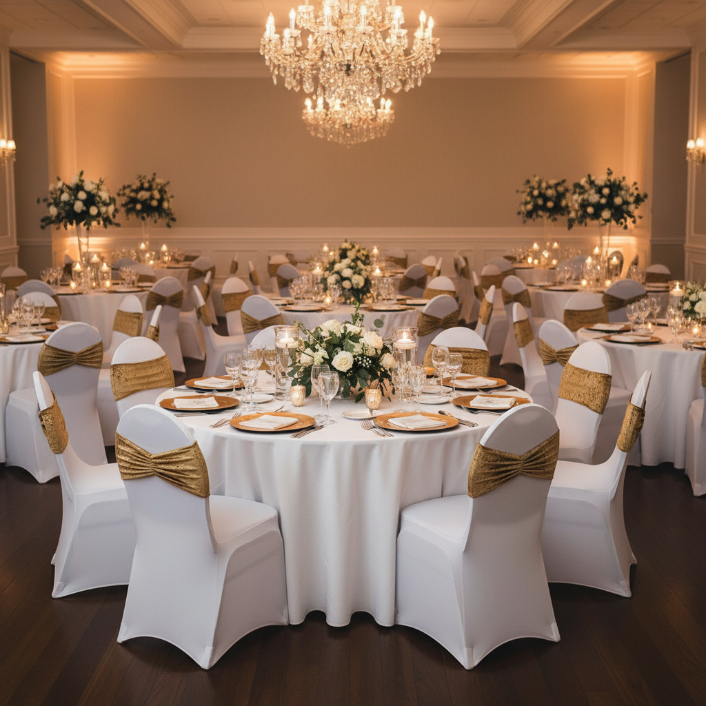 Velvet Ruffle Stretch Chair Band - Mustard Gold in Indoor Reception.