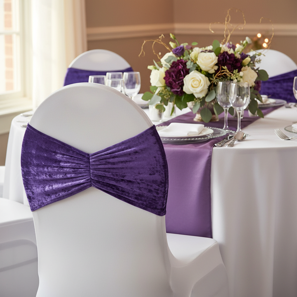 Velvet Ruffle Stretch Chair Band - Purple.