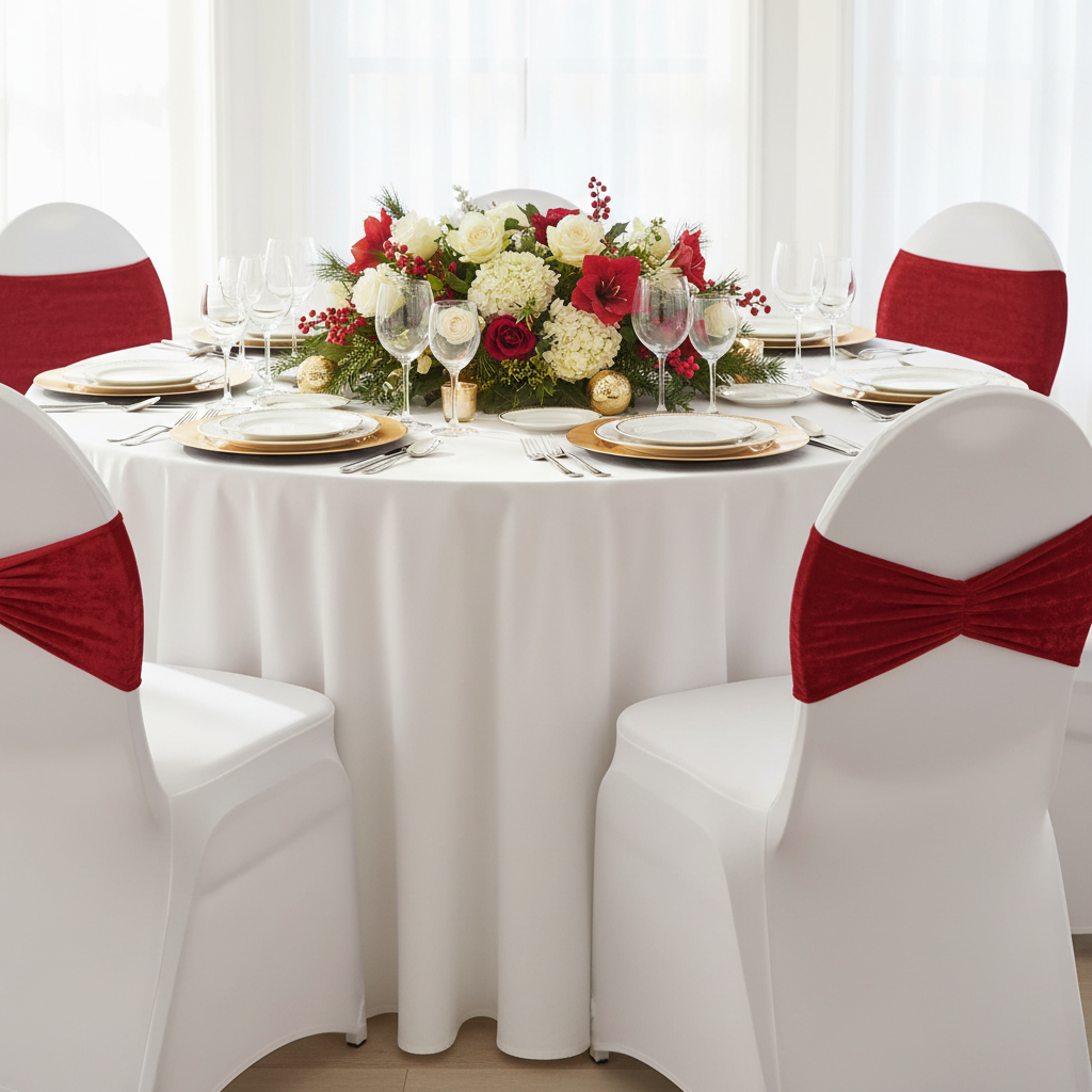 Velvet Ruffle Stretch Chair Band - Red in Indoor Reception.