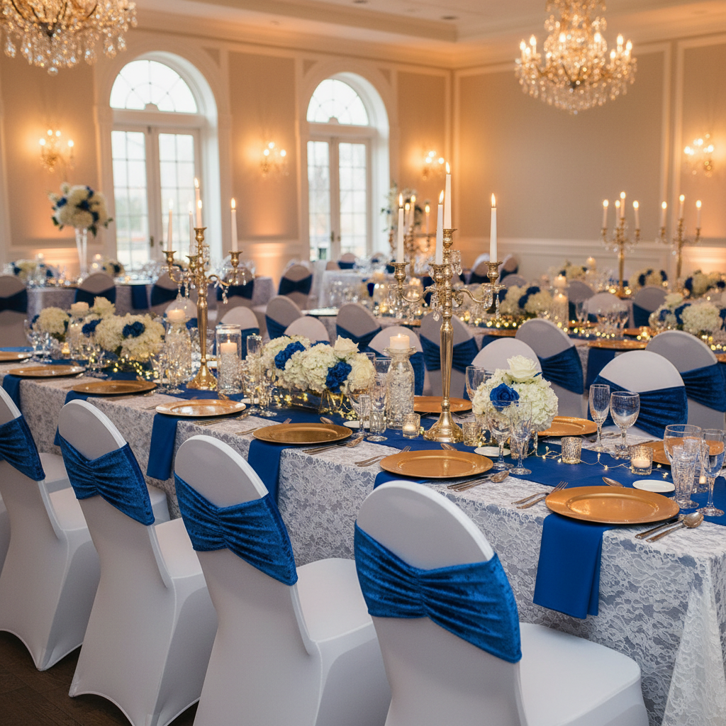 Velvet Ruffle Stretch Chair Band - Royal Blue in Birthday Reception.