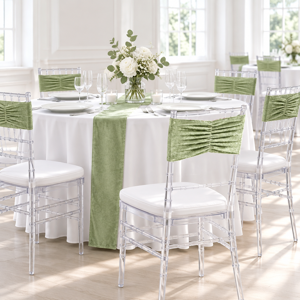 Wider white reception with sage velvet ruffle chair bands
