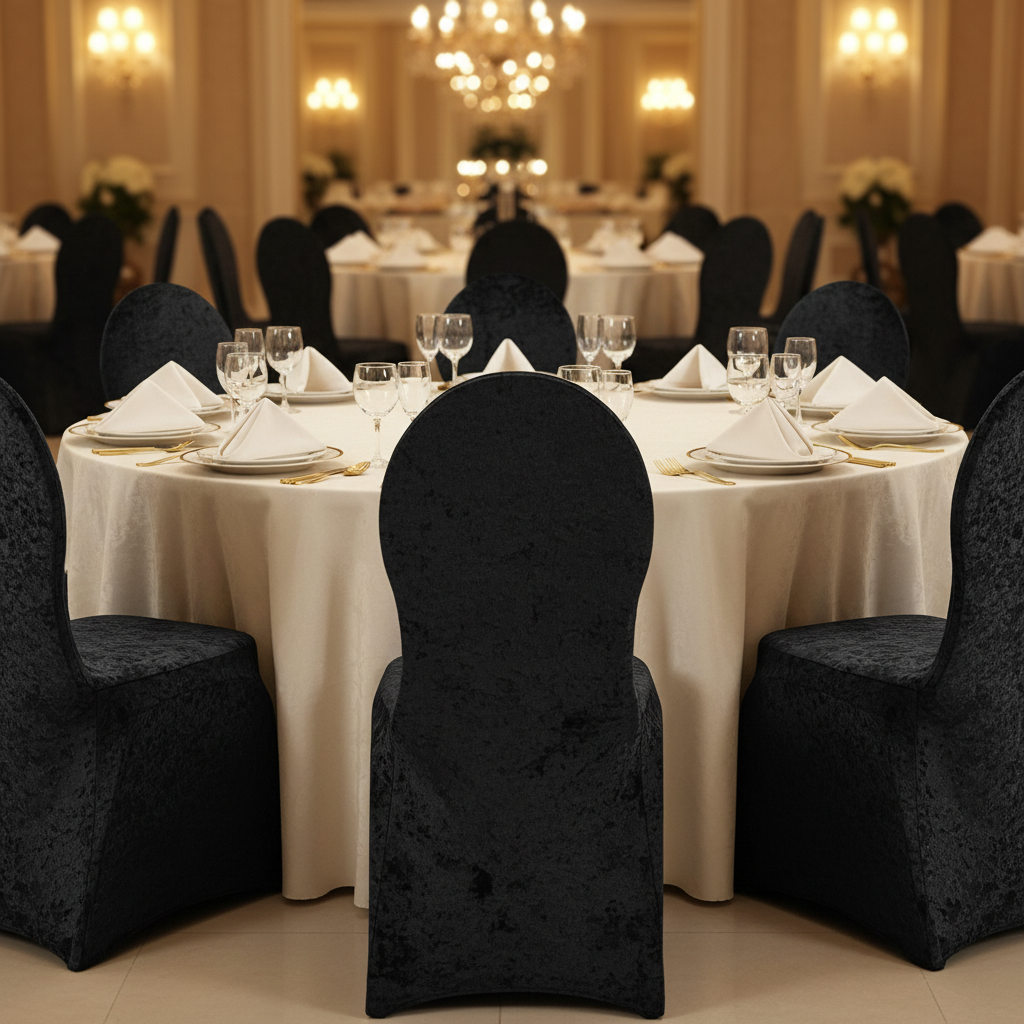 Velvet Stretch Spandex Banquet Chair Cover - Black in a Luxurious Dining Reception.
