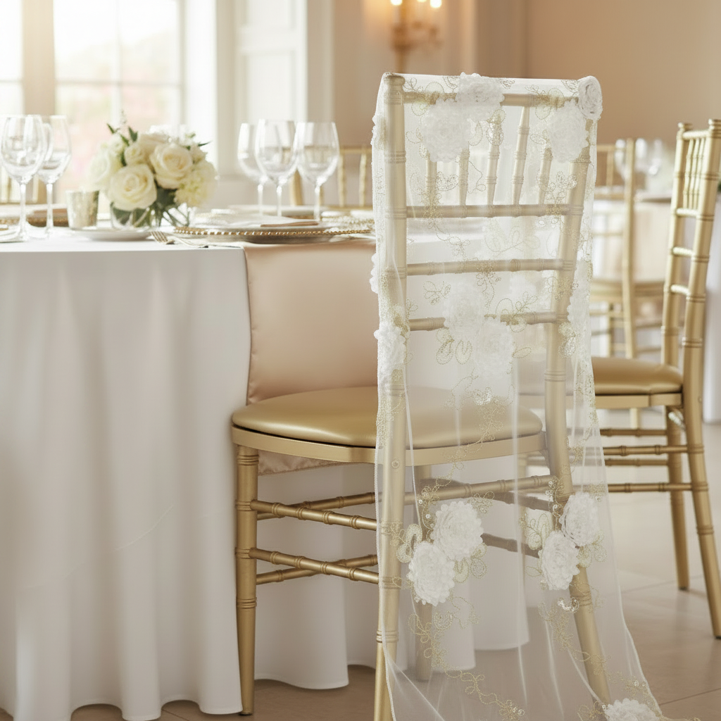 Vintage Veil Chiavari Chair Full Back Cover - Gold & Ivory.