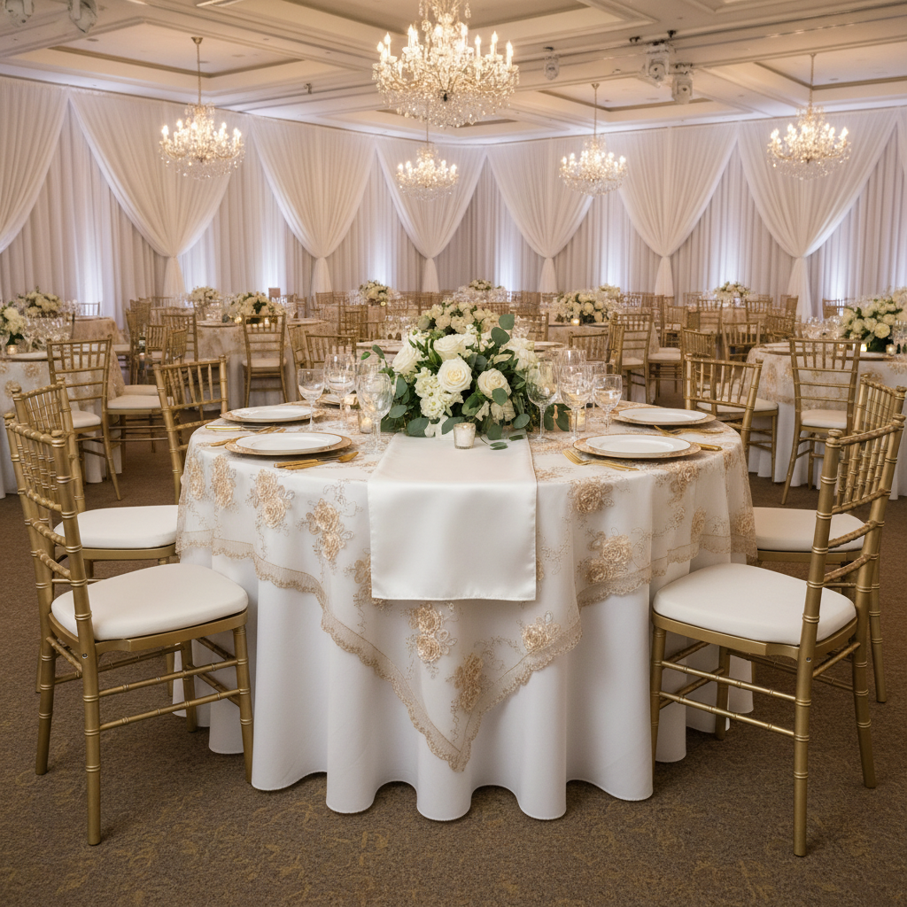 Vintage Veil Embroidery 90"x90" Square Table Overlay Topper - Champagne with Gold Chiavari Chairs.