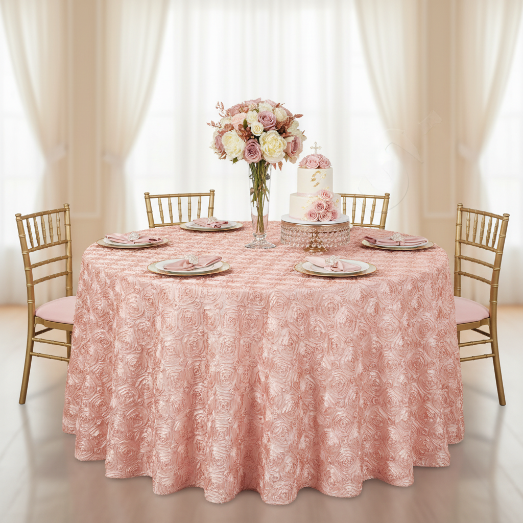 Wedding Rosette Satin 120" Round Tablecloth - Blush/Rose Gold.