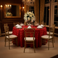 Wedding Rosette SATIN 120" Round Tablecloth - Red with Chiavari Gold Chairs.