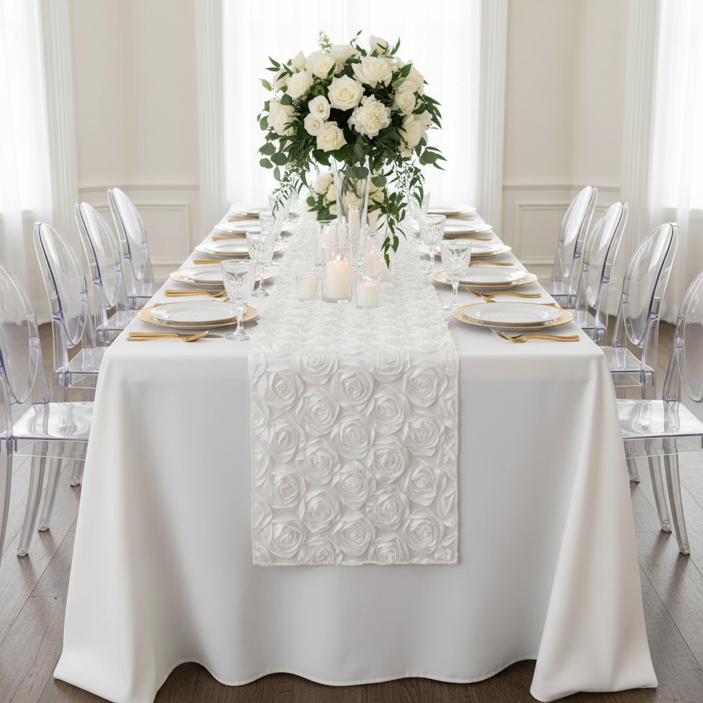 Wedding Rosette Satin Table Runner - White.