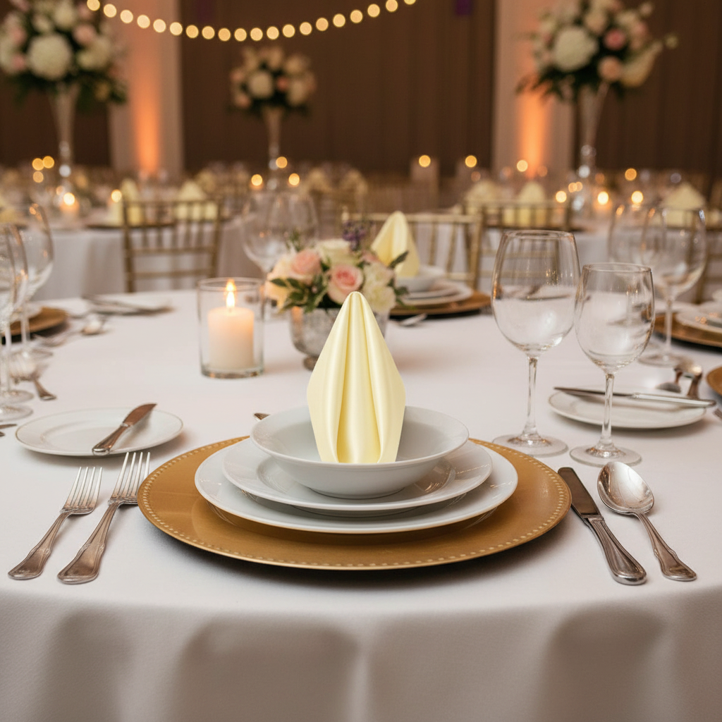 Satin Napkin 20"x20" - Yellow with Gold Chiavari Chairs.