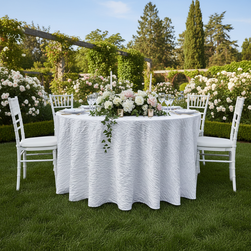 Outdoor 132" Round Crushed Taffeta Tablecloth with Chiavari Chairs