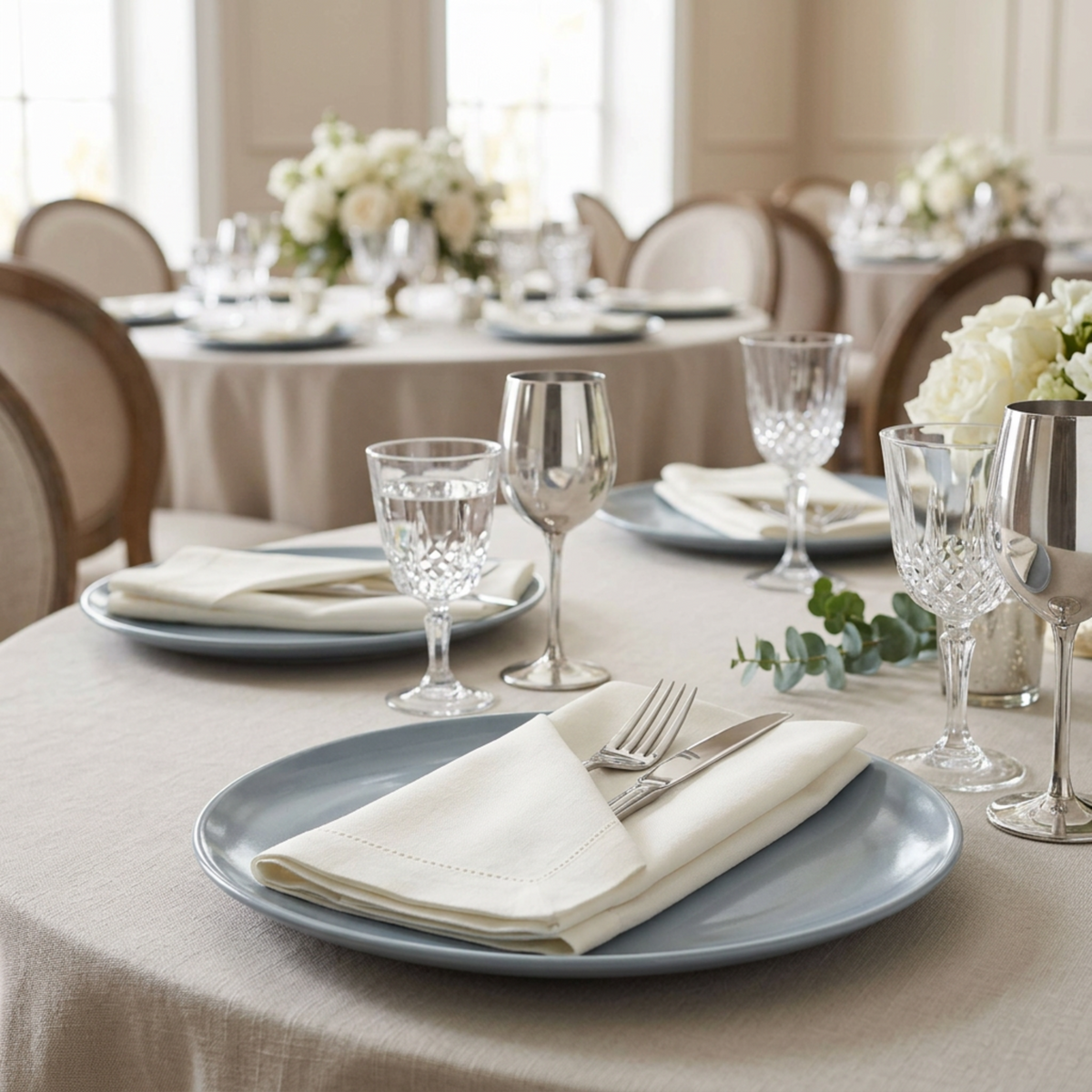 Light ivory hemstitch napkin in a diagonal cutlery-pocket fold