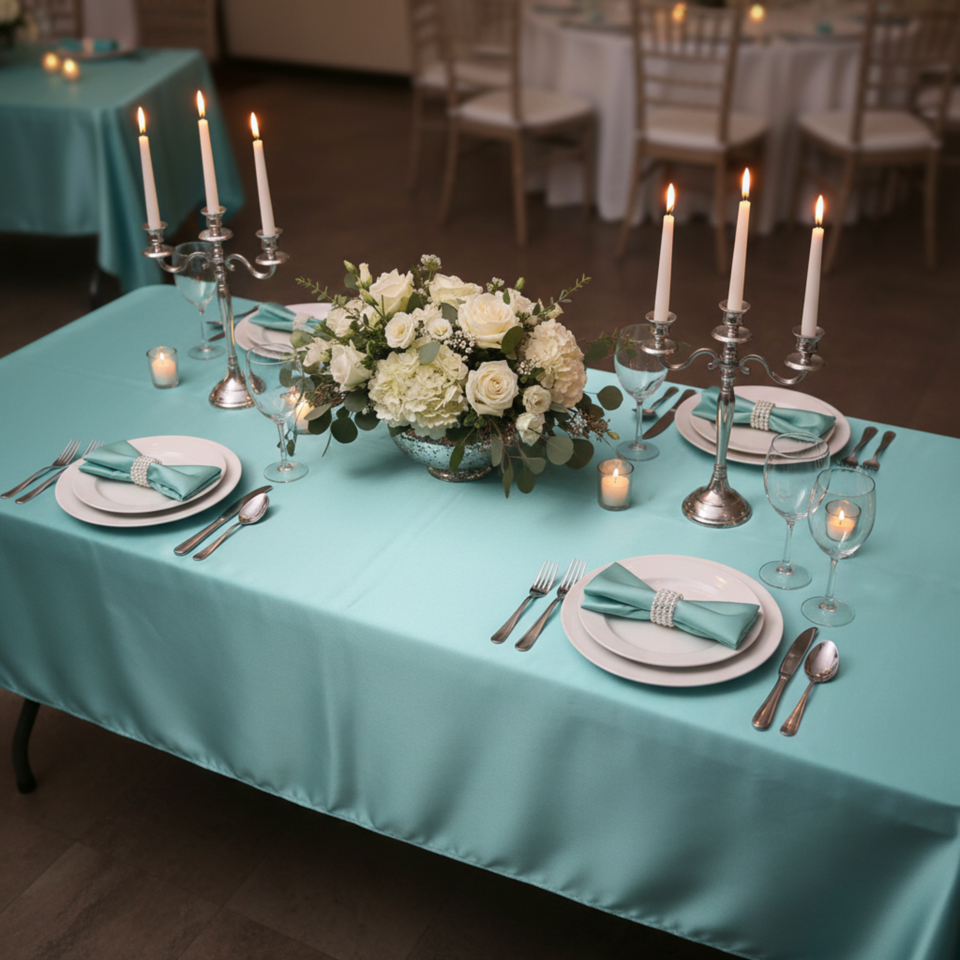 Close overhead top down view of teal satin tablecloth with place settings